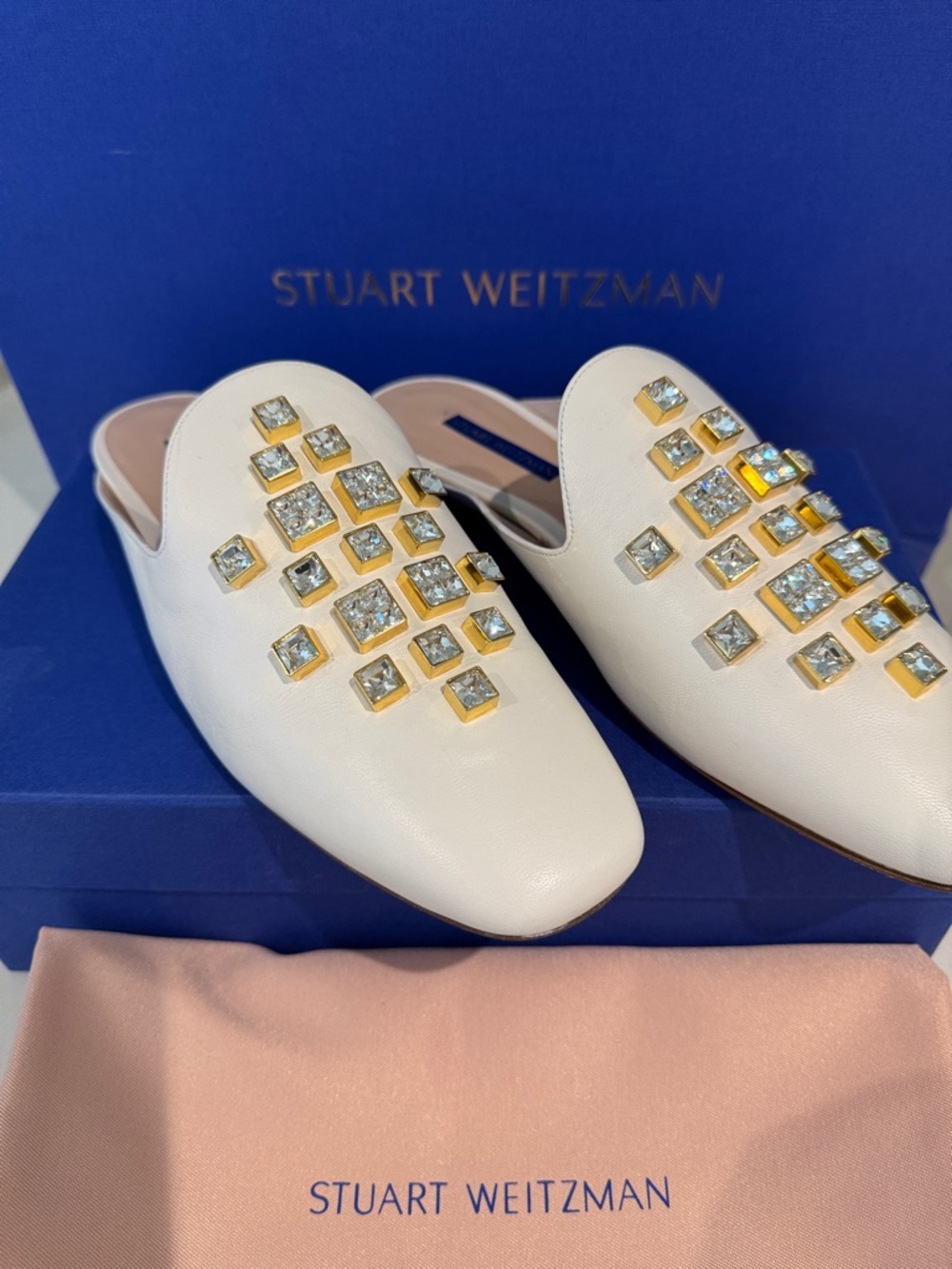 Stuart Weitzman White Jeweled Slip-On Mules 10